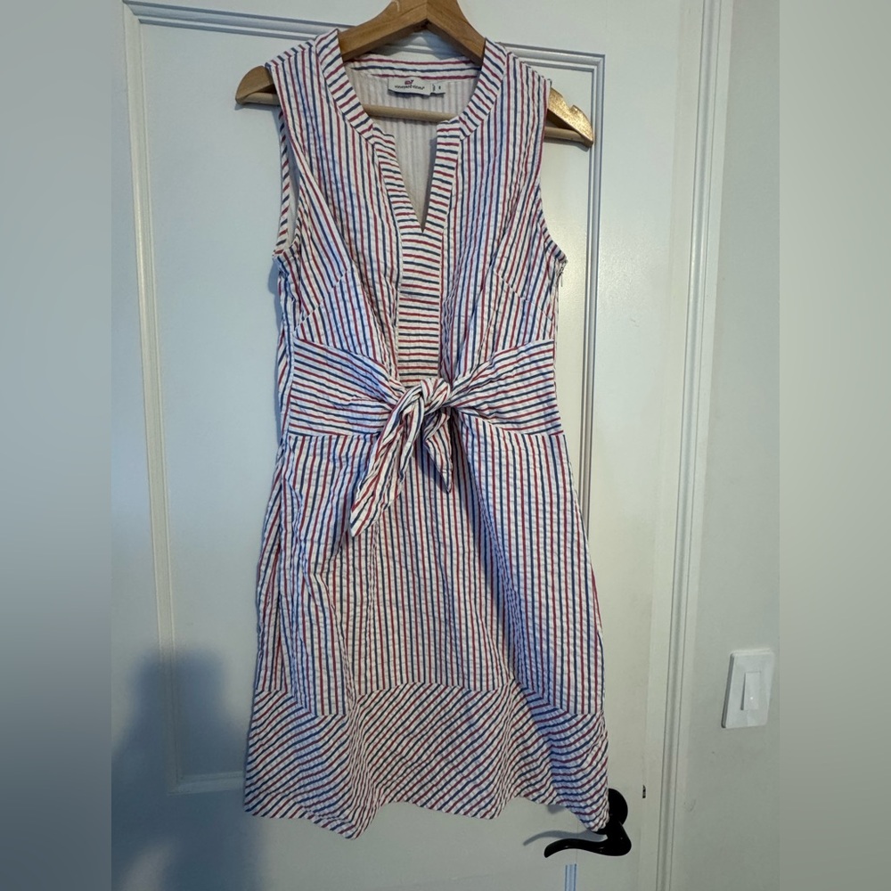 Vineyard Vines Red, White & Blue Striped Sleeveless Tie-Waist Mini Dress
